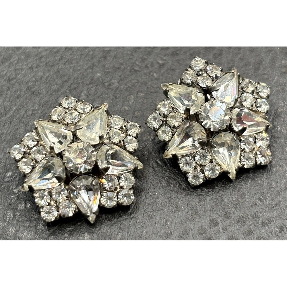 Vintage Rhinestone Celestial Cluster Clip-On Earrings Star Design Silver Tone
